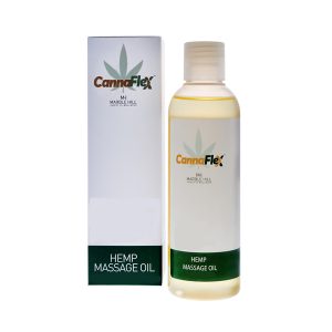 Bottle of Cannaflex Hemp Massage Oil with packaging