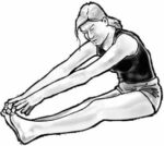 Lady sitting down, stretching fingers to toes