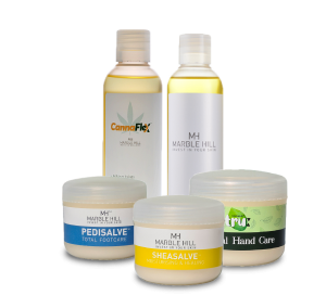 Marble Hill Product Display - CannaFlex, Q24 Body Oil,Pedisalve, Sheasalve and Total Hand care