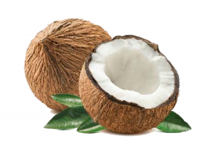 Whole coconut and half coconut showing inside of a coconut