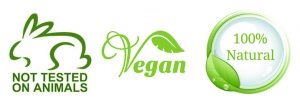 Not tested on animals symbol, vegan symbol, 10o percent natural symbol