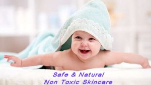 Smiling baby with text explaining that Marble Hill products are non toxic and are safe & natural